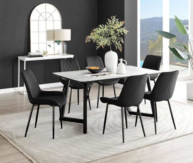 FurnitureboxUK Carson White Marble Effect Dining Table & 6 Pesaro Black Leg Chairs - image 1