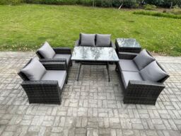 Fimous Rattan Garden Furniture Set 6 Seater Patio Outdoor Lounge Sofa Set with Rectangular Dining Table Love Seat Sofa in Dark Grey - thumbnail 1