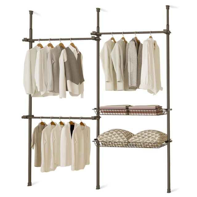 House of Home Telescopic Wardrobe Organiser Double Black Rail Clothes Rack Baskets Storage - image 1