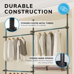 House of Home Telescopic Wardrobe Organiser Double Black Rail Clothes Rack Baskets Storage - thumbnail 2