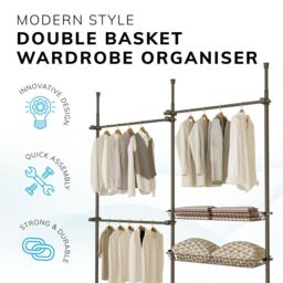 House of Home Telescopic Wardrobe Organiser Double Black Rail Clothes Rack Baskets Storage - thumbnail 4