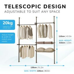 House of Home Telescopic Wardrobe Organiser Double Black Rail Clothes Rack Baskets Storage - thumbnail 5