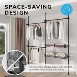 House of Home Telescopic Wardrobe Organiser Double Black Rail Clothes Rack Baskets Storage - thumbnail 6