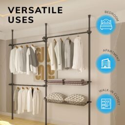 House of Home Telescopic Wardrobe Organiser Double Black Rail Clothes Rack Baskets Storage - thumbnail 3