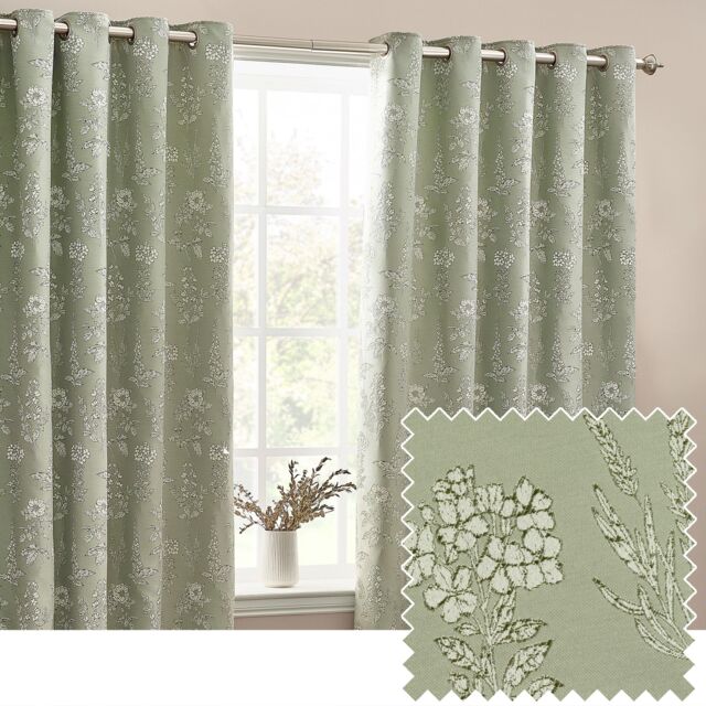 Wylder Nature Sophia Floral Jacquard Room Darkening Eyelet Curtains in Light Green - Size: 229 cm width x 229 cm drop - image 1
