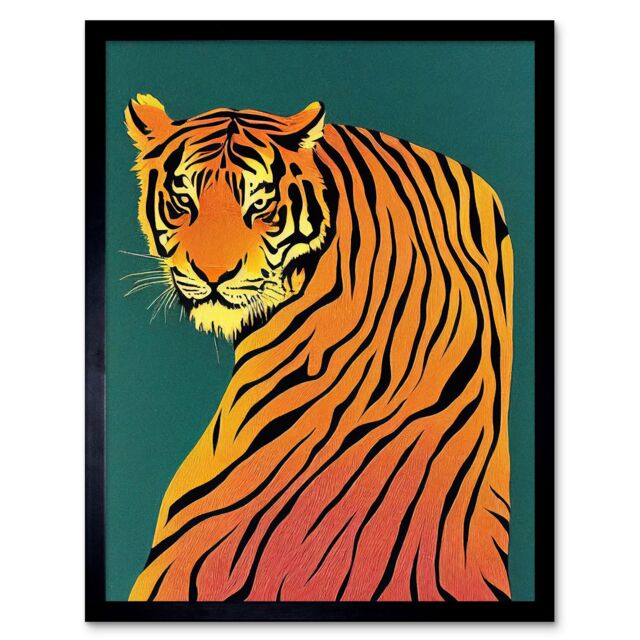 "Artery8 Modern Tiger on Teal Orange Bold Home Decor 12x16"" Framed Art Print - Size: W12"" x H16""" - image 1