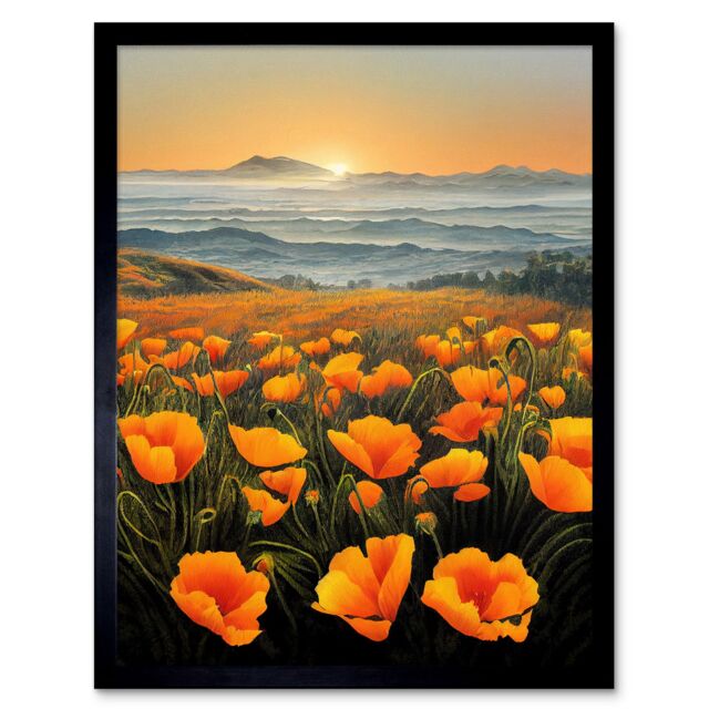 "Artery8 Wall Art Print Shoreline California Poppies At Sunrise Painting Art Framed in Black - Size: W12"" x H16""" - image 1