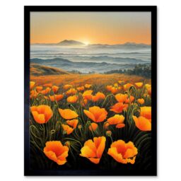 "Artery8 Wall Art Print Shoreline California Poppies At Sunrise Painting Art Framed in Black - Size: W12"" x H16""" - thumbnail 1