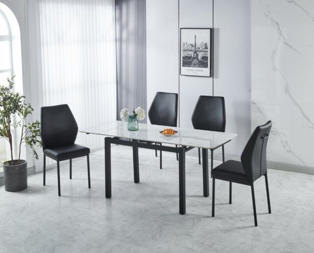 Modernique Sintere Stone Top Extending Table & 4 Faux Leather Chairs Dining Set in White - image 1