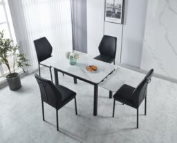 Modernique Sintere Stone Top Extending Table & 4 Faux Leather Chairs Dining Set in White - thumbnail 2