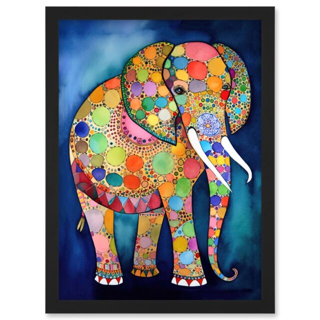 Artery8 Elephant With Patterns Folk Art Watercolour Painting Artwork Framed Wall Art Print A4 in Black - image 1