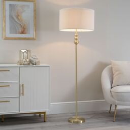 ValueLights Marissa Cream Boucle Shade with Brushed Gold Stacked Ball Floor Lamp