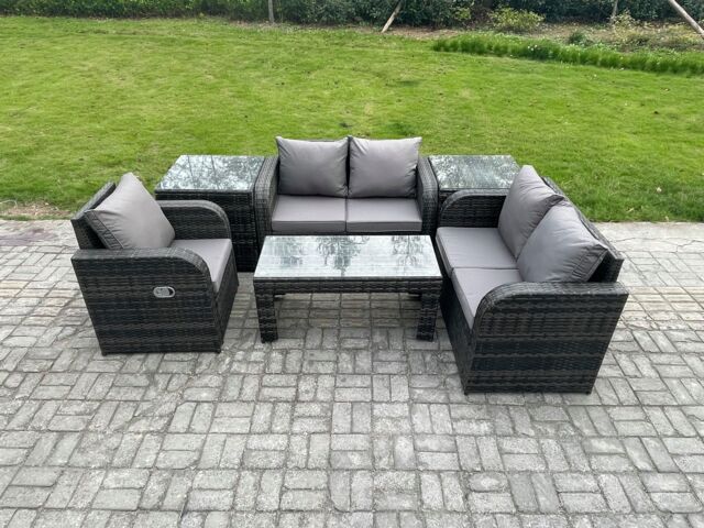 Fimous Rattan Outdoor Garden Furniture Sofa Set Patio Table & Chairs Set with 2 Side Tables Dark Grey Mixed - image 1