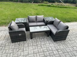 Fimous Rattan Outdoor Garden Furniture Sofa Set Patio Table & Chairs Set with 2 Side Tables Dark Grey Mixed - thumbnail 2