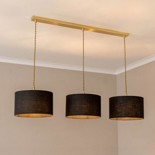 ValueLights Reni Fabric Drum Shade 3 Drop Bar Gold Diner Ceiling Pendant Light in Black - image 1