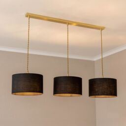 ValueLights Reni Fabric Drum Shade 3 Drop Bar Gold Diner Ceiling Pendant Light in Black - thumbnail 1