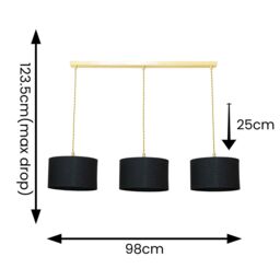 ValueLights Reni Fabric Drum Shade 3 Drop Bar Gold Diner Ceiling Pendant Light in Black - thumbnail 8