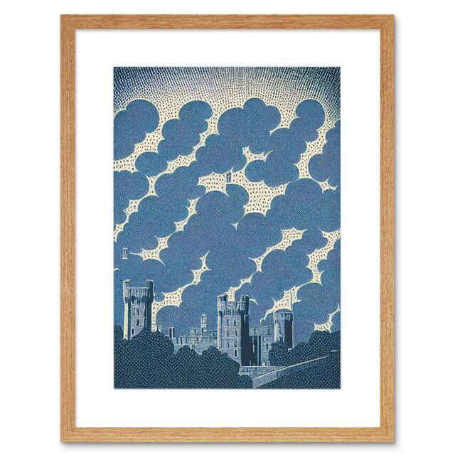 "Artery8 Wall Art Print Windsor Castle with Cloudy Sky Lithograph in Blue Artwork Framed 9X7 Inch in Beige - Size: W7"" x H9""" - image 1