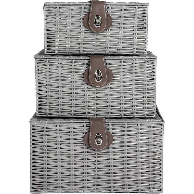 MANTRARAJ Resin Wicker Set of 3 Woven Storage Basket with Lid & Lock Decorative Hamper Box Black in Grey - image 1