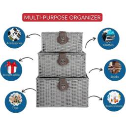 MANTRARAJ Resin Wicker Set of 3 Woven Storage Basket with Lid & Lock Decorative Hamper Box Black in Grey - thumbnail 3
