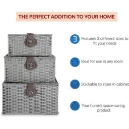 MANTRARAJ Resin Wicker Set of 3 Woven Storage Basket with Lid & Lock Decorative Hamper Box Black in Grey - thumbnail 4