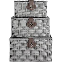 MANTRARAJ Resin Wicker Set of 3 Woven Storage Basket with Lid & Lock Decorative Hamper Box Black in Grey - thumbnail 1