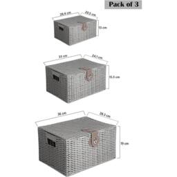 MANTRARAJ Resin Wicker Set of 3 Woven Storage Basket with Lid & Lock Decorative Hamper Box Black in Grey - thumbnail 2