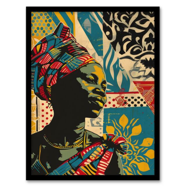 "Artery8 Wall Art Print African Woman Colourful Pattern Portrait Painting Art Framed Poster in Black - Size: W12"" x H16""" - image 1