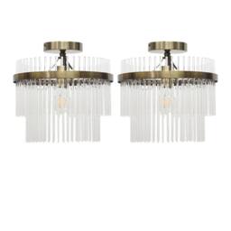 First Choice Lighting Set of 2 Georgia - Antique Brass with Glass Rods Flush Ceiling Lights in Bronze