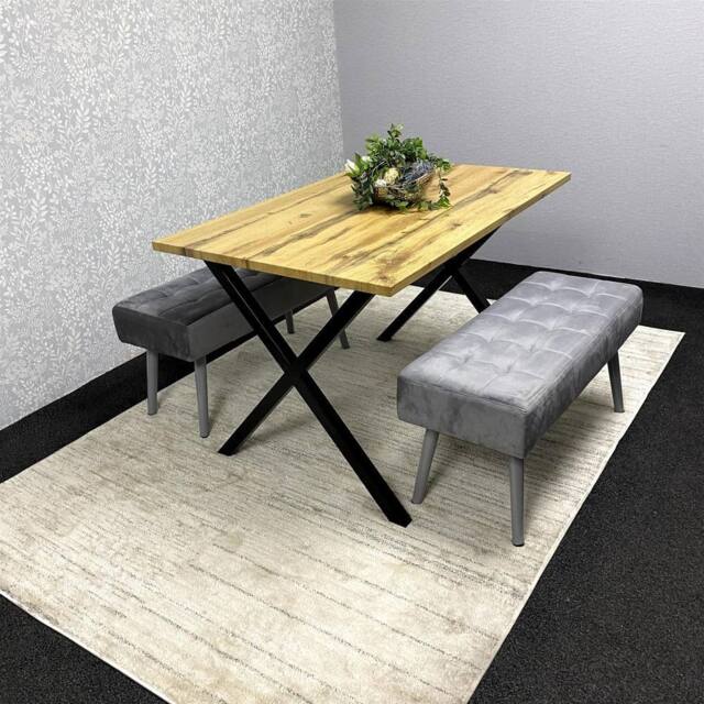 KOSY KOALA Wooden Dining Table with 2 Grey Velvet Padded Benches, Stylish Dining Room Furniture in Brown - image 1