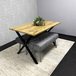 KOSY KOALA Wooden Dining Table with 2 Grey Velvet Padded Benches, Stylish Dining Room Furniture in Brown - thumbnail 2