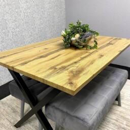 KOSY KOALA Wooden Dining Table with 2 Grey Velvet Padded Benches, Stylish Dining Room Furniture in Brown - thumbnail 4
