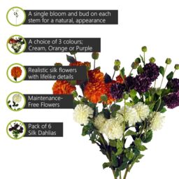 Pegdev Pack of 6 Orange Dahlia PomPom Stems 75cm Silk Flowers - thumbnail 2