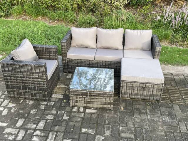 Fimous Rattan Garden Furniture Set Patio Outdoor Lounge Sofa Set with Armchair Square Coffee Table Big Footstool Dark Grey Mixed - image 1