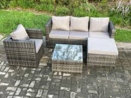 Fimous Rattan Garden Furniture Set Patio Outdoor Lounge Sofa Set with Armchair Square Coffee Table Big Footstool Dark Grey Mixed - thumbnail 2