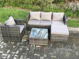 Fimous Rattan Garden Furniture Set Patio Outdoor Lounge Sofa Set with Armchair Square Coffee Table Big Footstool Dark Grey Mixed - thumbnail 1