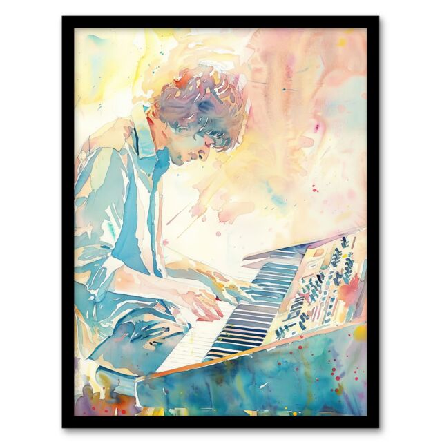 Artery8 Keyboard Music Player Modern Light Watercolour Framed Art Print - Size: A4 - image 1