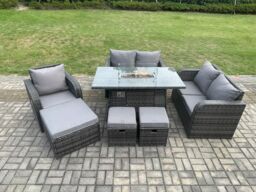 Fimous Outdoor Sofa Rattan Garden Furniture Set Patio Gas Fire Pit Dining Table & Reclining Chair set with 3 Footstools Dark Grey Mixed - thumbnail 1