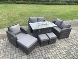 Fimous Outdoor Sofa Rattan Garden Furniture Set Patio Gas Fire Pit Dining Table & Reclining Chair set with 3 Footstools Dark Grey Mixed - thumbnail 3