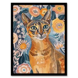 "Artery8 Cat Lover Abyssinian Floral Watercolour Folk Art Framed Wall Art in Orange - Size: W12"" x H16""" - thumbnail 1