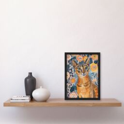 "Artery8 Cat Lover Abyssinian Floral Watercolour Folk Art Framed Wall Art in Orange - Size: W12"" x H16""" - thumbnail 4