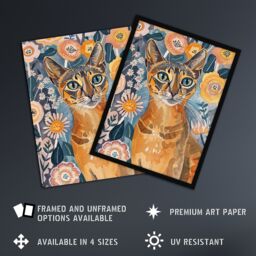 "Artery8 Cat Lover Abyssinian Floral Watercolour Folk Art Framed Wall Art in Orange - Size: W12"" x H16""" - thumbnail 2