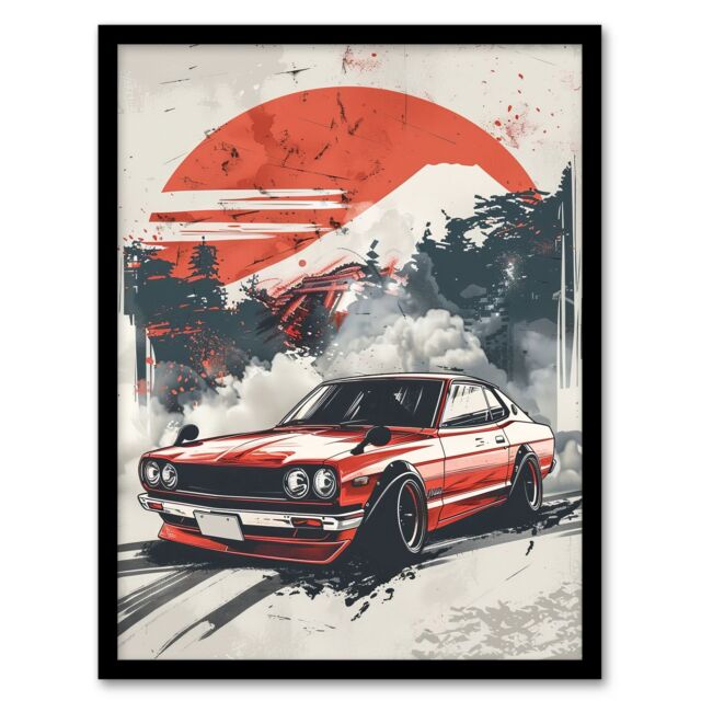 "Artery8 Retro Vintage Sportscar Classic Japanese Red Sky Framed Art Print - Size: W12"" x H16""" - image 1