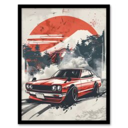 "Artery8 Retro Vintage Sportscar Classic Japanese Red Sky Framed Art Print - Size: W12"" x H16""" - thumbnail 1