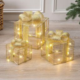 Christow Light Up Christmas Presents LED Parcels Battery Operated with Timer Set of 3 in Gold - thumbnail 1