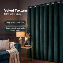 VOGREX Green Velvet Thermal Blackout Eyelet Curtains 66x90 Inch - thumbnail 6