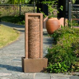 Teamson Home Garden Outdoor Water Feature, Tall Waterfall Water Fountain, With Warm LED Lights, Layered Rock Design, Brown - thumbnail 3