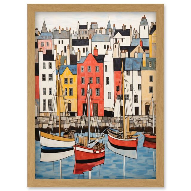 Artery8 Wall Art Print Colourful Town Harbour Acrylic Painting Red Yellow Blue Fishing Boats Coastal Townscape Artwork Framed A4 in Light Oak - image 1