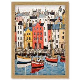 Artery8 Wall Art Print Colourful Town Harbour Acrylic Painting Red Yellow Blue Fishing Boats Coastal Townscape Artwork Framed A4 in Light Oak - thumbnail 1