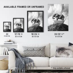 "Artery8 Elephant in Bathtub on a Hill Black White Surreal Wall Art Print in Grey - Size: W18"" x H24""" - thumbnail 3